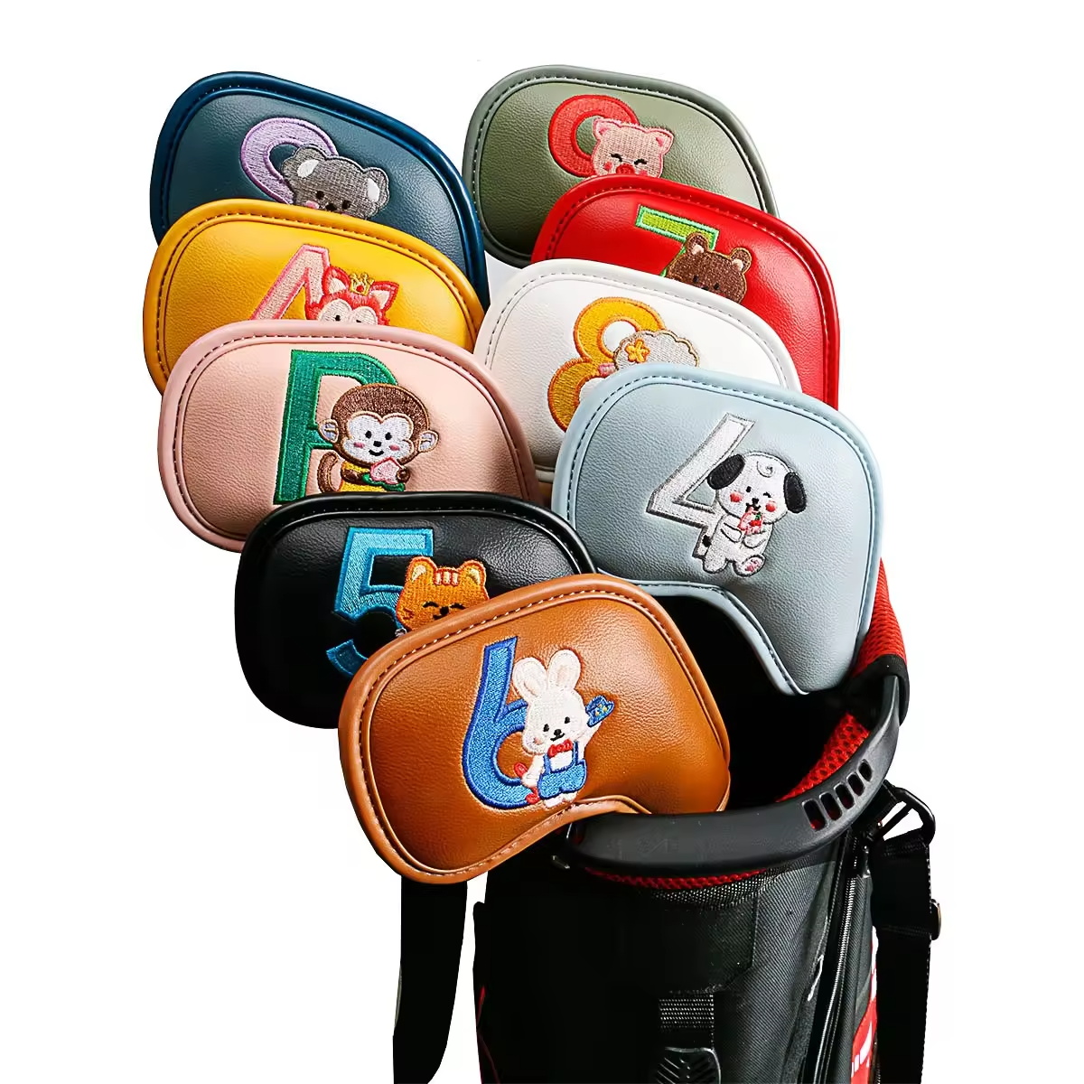 Golf Equipment Deals - ชุดคลุมหัวไม้กอล์ฟลายการ์ตูนสัตว์น่ารัก 9 ชิ้น, วัสดุหนัง PU ปักลาย,
